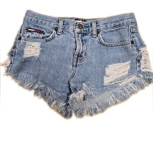 Tommy Hilfiger Blue Jean Shorts with High-Waisted Design and Distressing